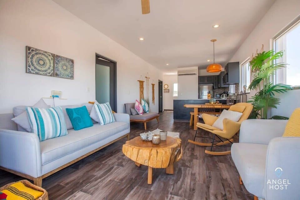 The condo has lots of seating and lovely decorations
