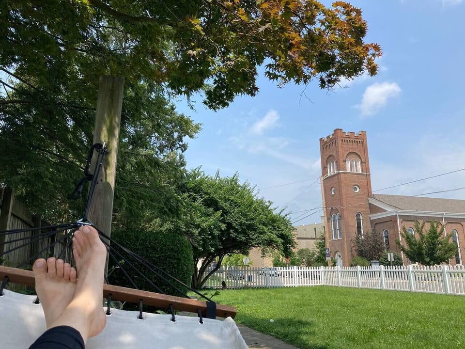 Our hammock provides a cozy spot to sit and relax.  It overlooks our side yard, and Troy's Historic downtown.  It's shaded by a mature maple tree, so it's never too sunny. 
