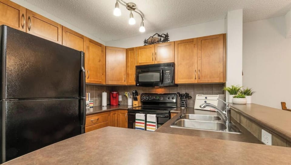 Full kitchen with a drip coffee machine, ground coffee, tea, sugar and basic condiments (ketchup, mustard and relish.)