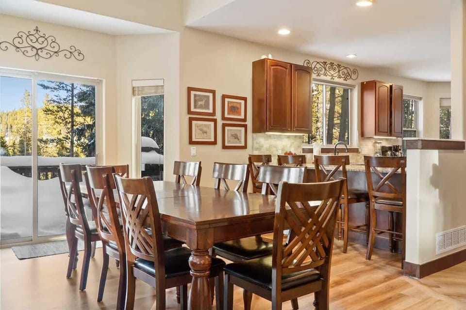 The view from the 9-seat dining table towards the kitchen.