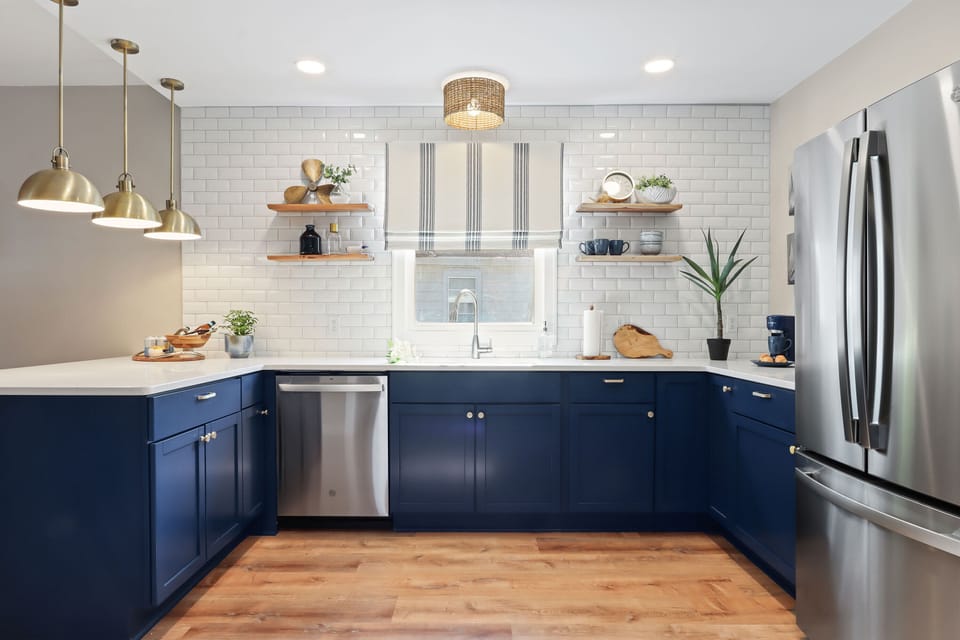 Full kitchen, stove, microwave, dishwasher, pots/pans, dinnerware, utensils.