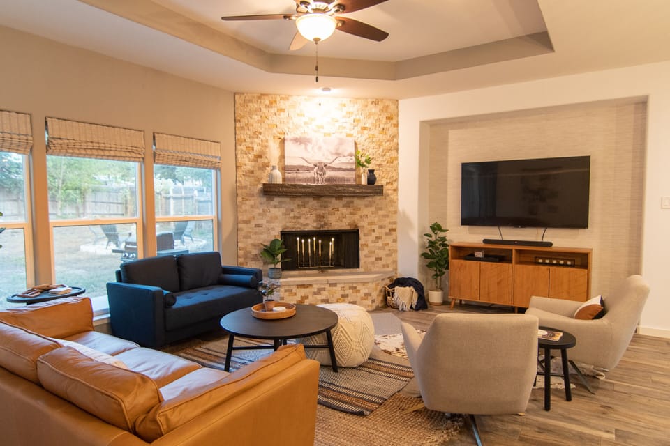 Leather sofa, loveseat, & 2 chairs. Bring  bean bags from flex room to seat all!