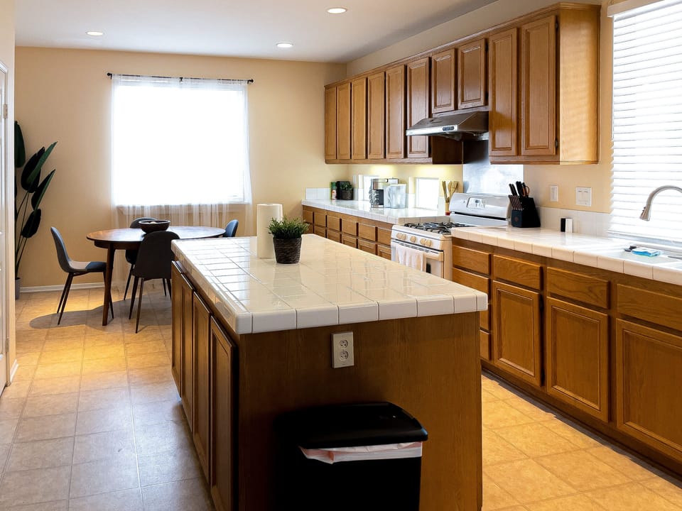 Our fully equipped kitchen with island layout. 