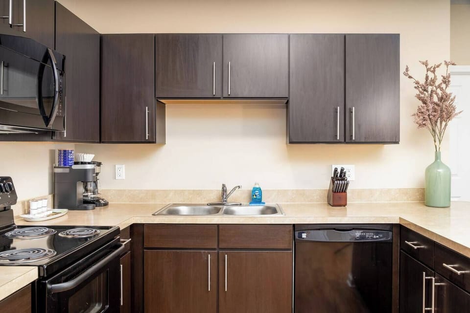 Our full-size kitchen is generously stocked with pots, pans, dishes, utensils, and basically everything you need to cook a nice meal. We even provide a blender, Crockpot, toaster, and lots of other extras...including a starter supply of coffee and te