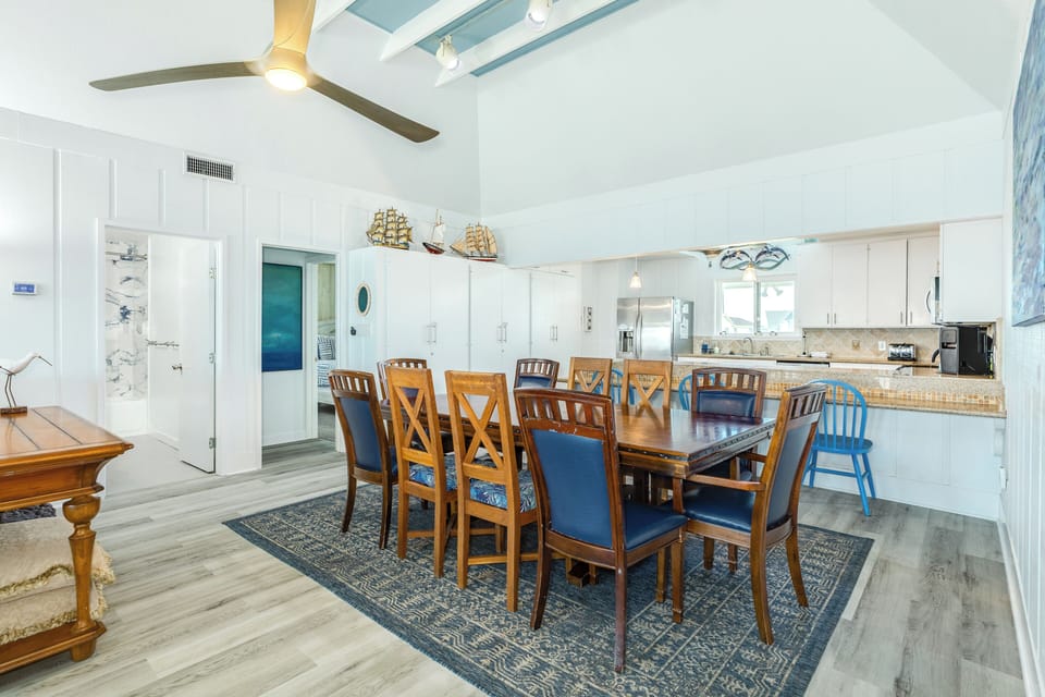 Easily serve homecooked meals from the adjacent kitchen