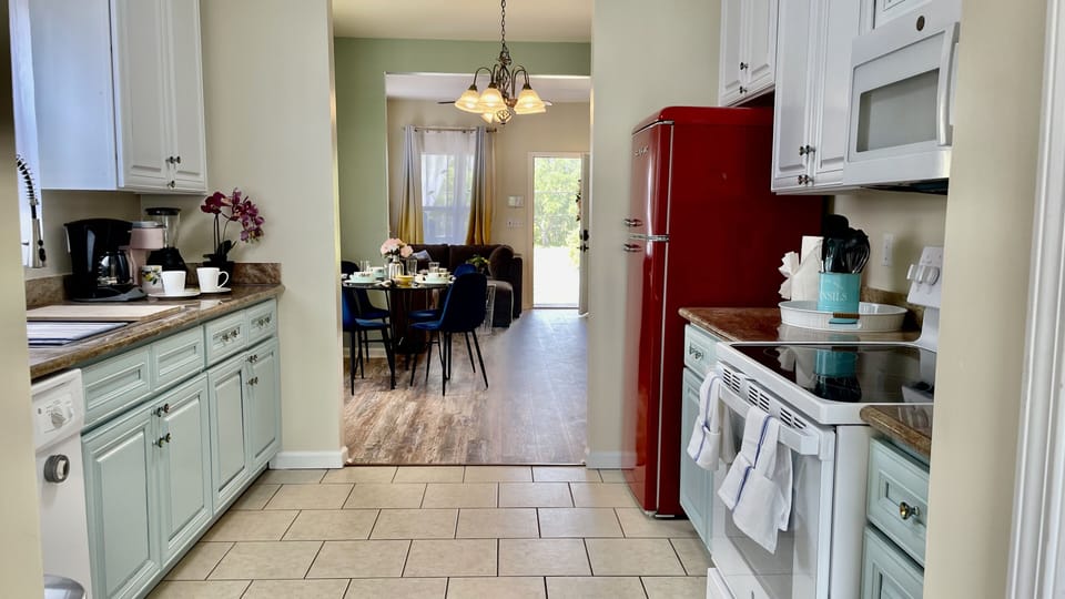 Full equipped modern kitchen with retro refrigerator 