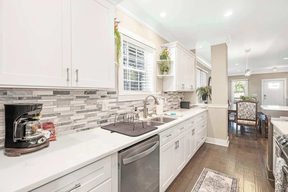 Kitchen is stocked with basic cooking items for a delicious meal. Coffee included.