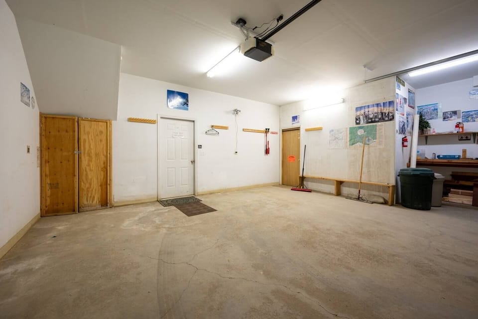 The spacious garage offers ample room to store your gear.