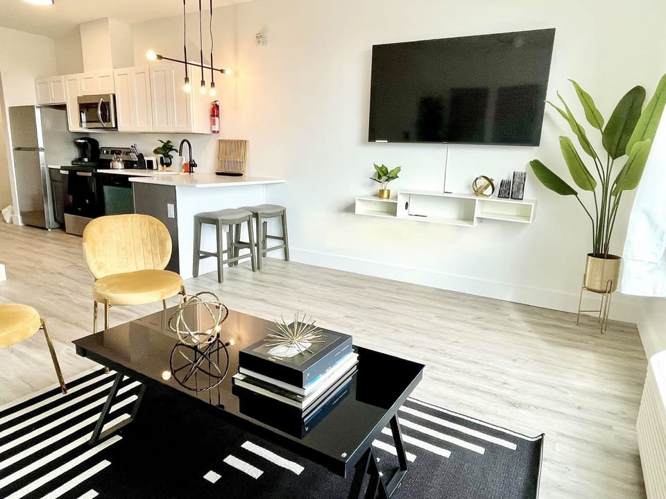 Contemporary Livingroom:
- 65" Smart TV with Roku
- Sleeper Sofa
- City View