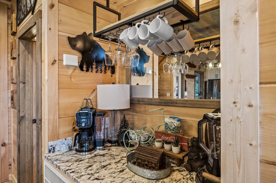 Coffee station helps manage kitchen traffic.