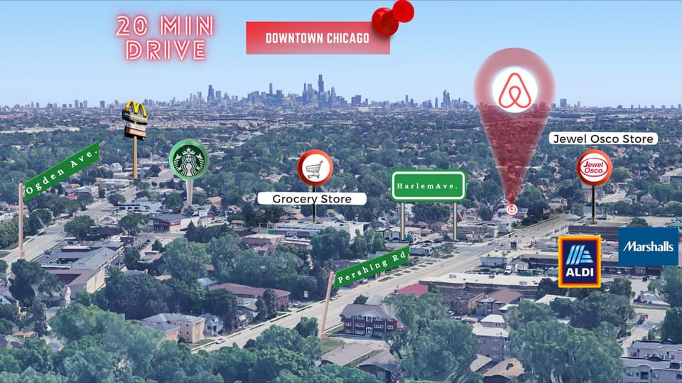 15-20 minutes drive to Downtown Chicago, a lot of restaurants options near by.