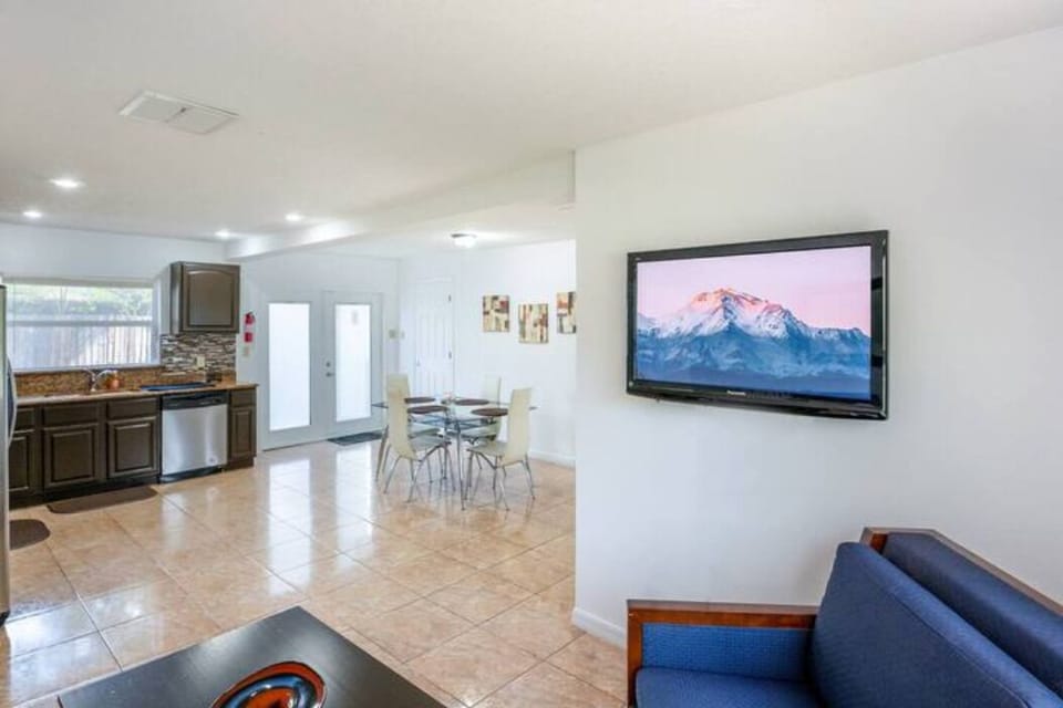 View from the living room to the kitchen and dining room