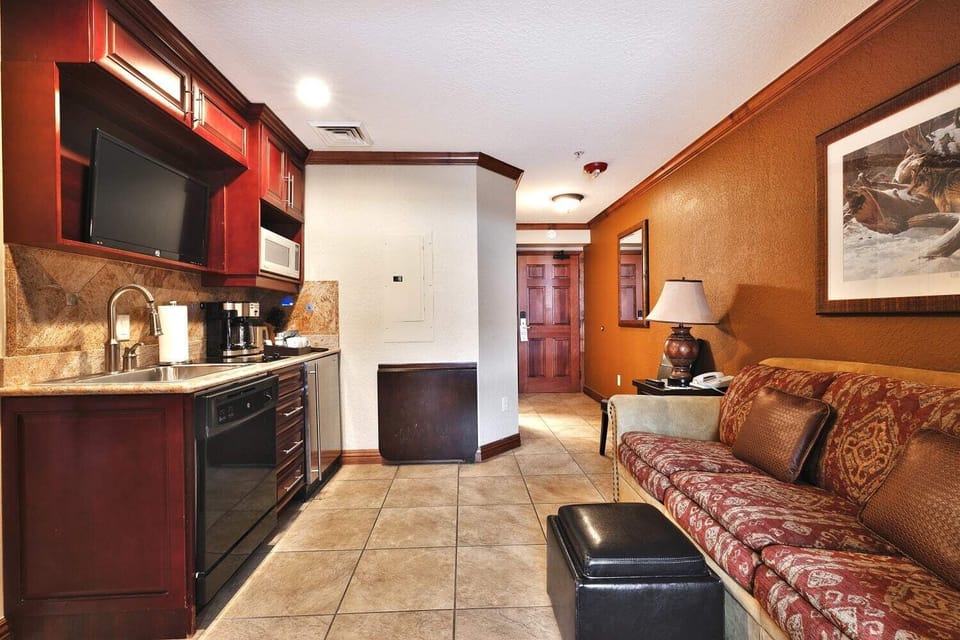 - Modern kitchenette with stainless steel appliances  
- Sofa seating area opens into bedroom space  
- Convenient setup for extended stays with family