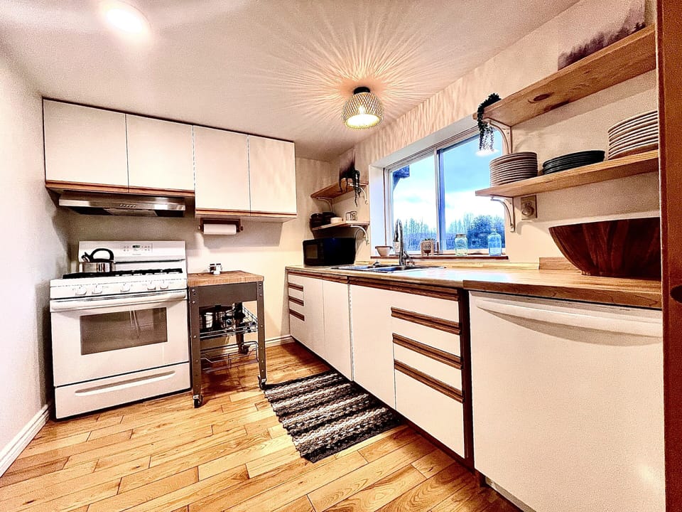 Gas range and dishwasher. All dishes and utensils are provided. 