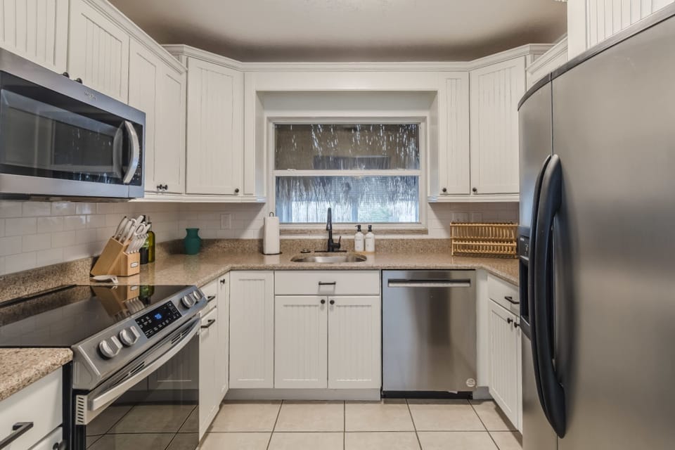 Kitchen angle showing prep space and practical layout