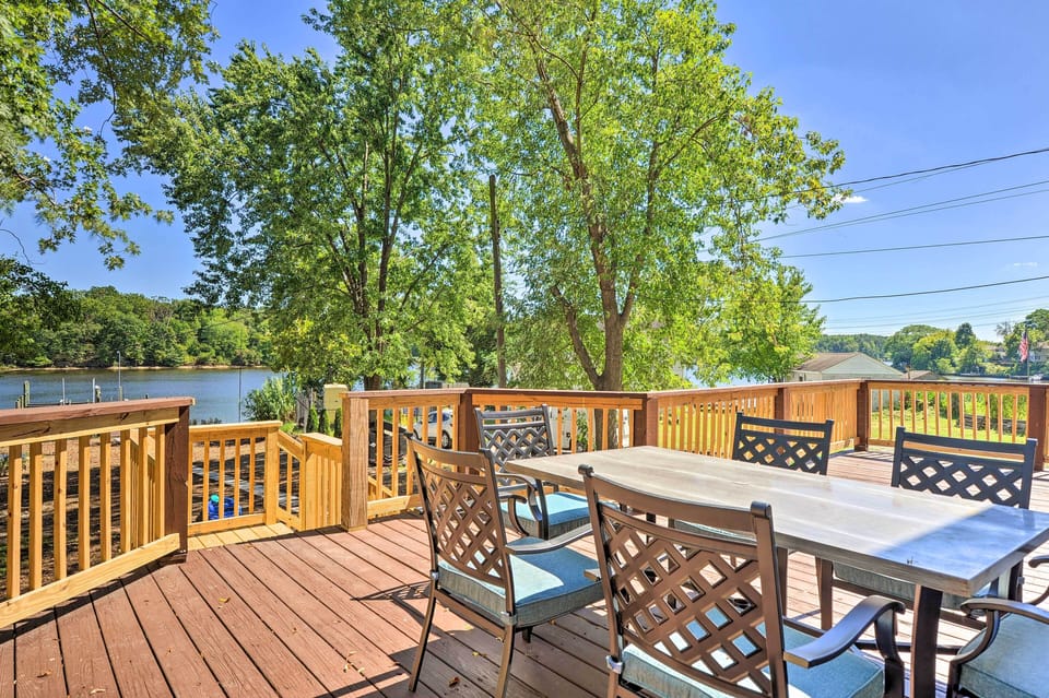 Private Deck | Outdoor Dining Area | Shared Fishing Pier