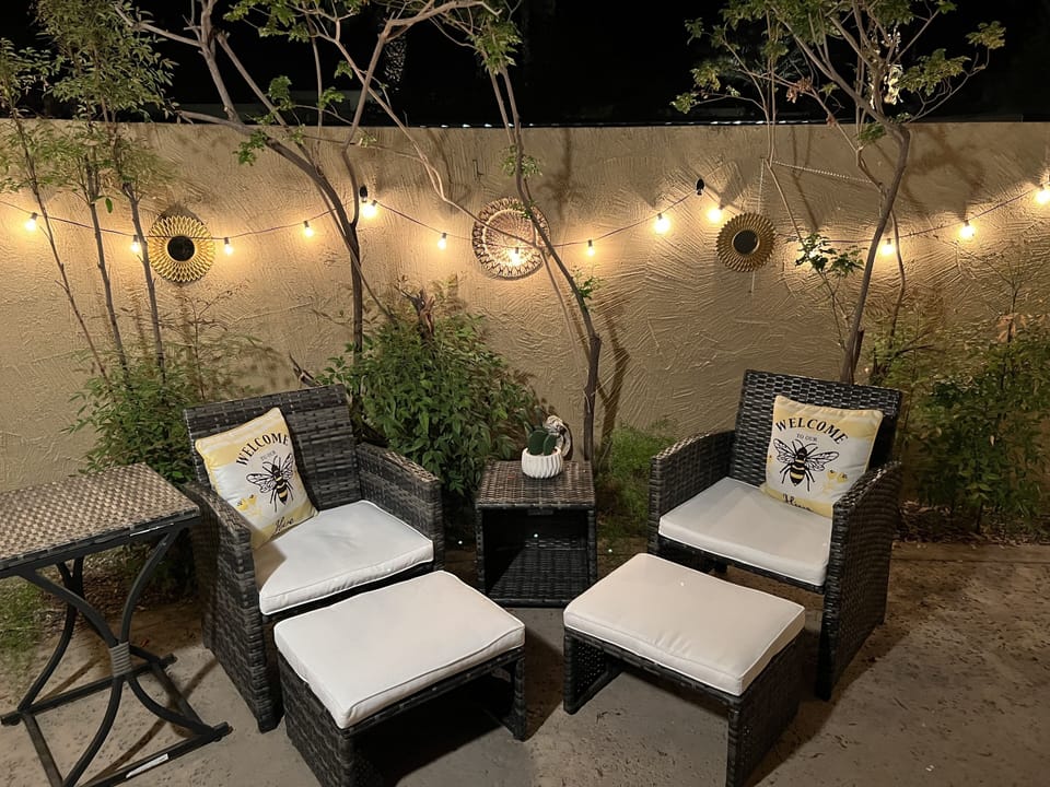 Back patio off of bedroom in the evening