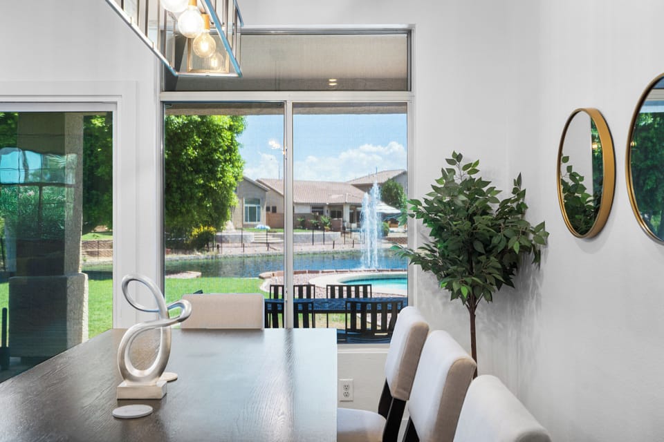 Enjoy your dining experience with the calming view of the lake and fountain