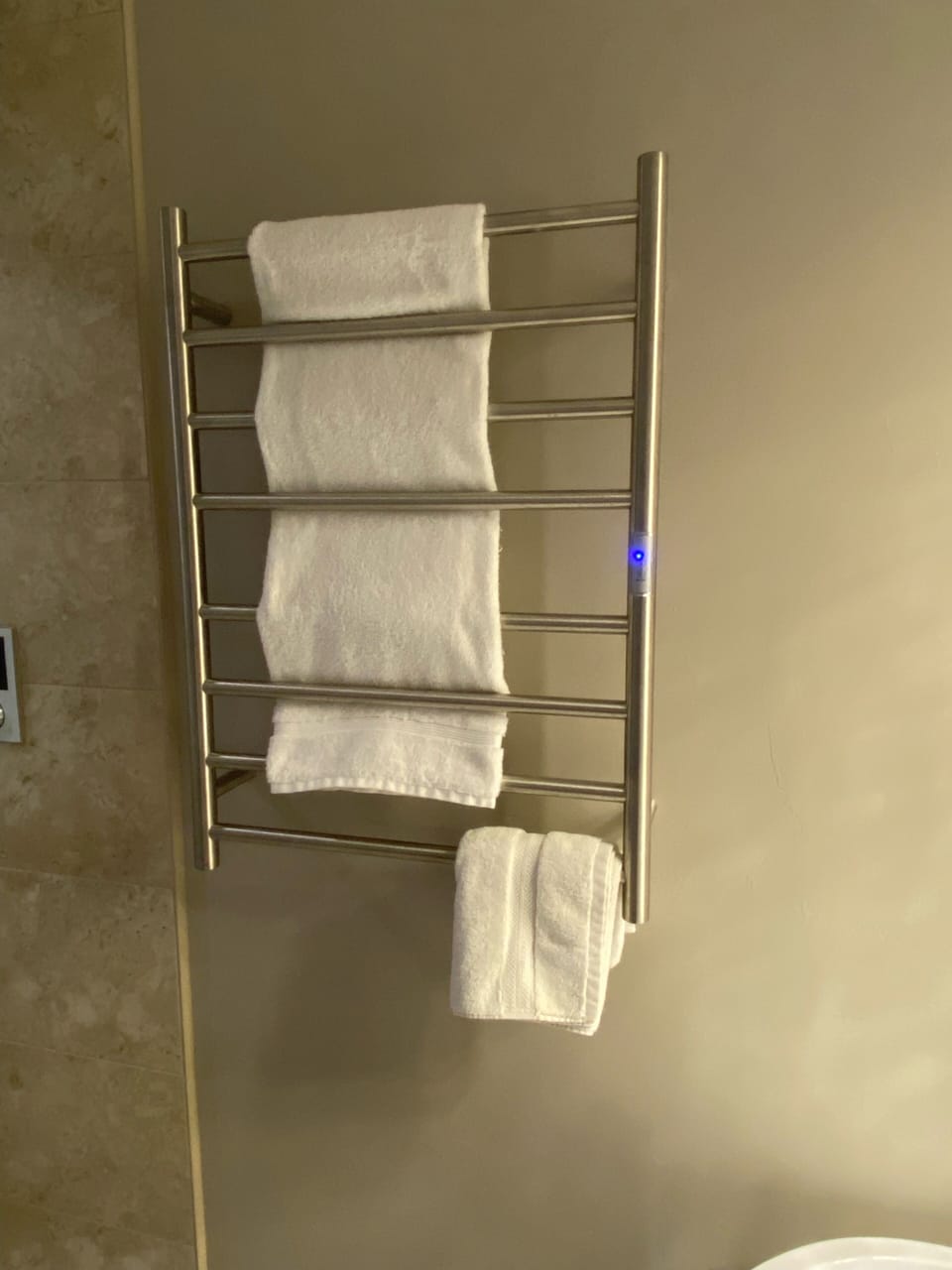 Heated towel rack in central bath.