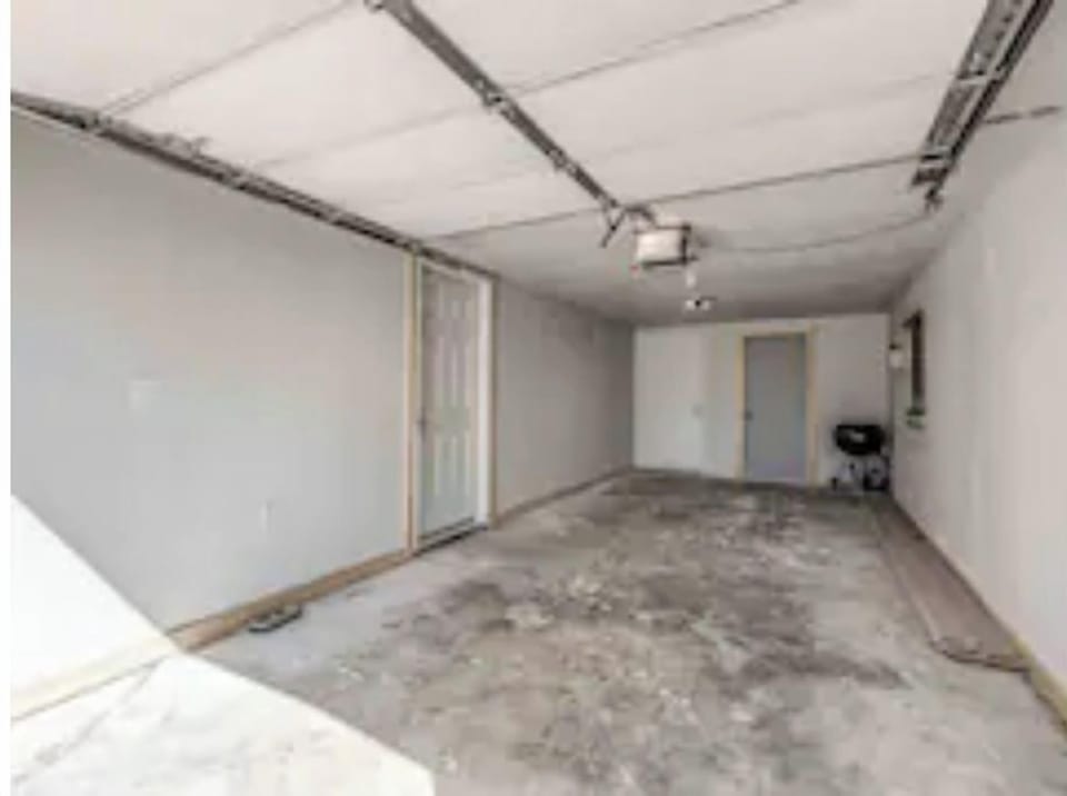 1 car garage. There's a high chair, pack n play, wagon etc if you have kids