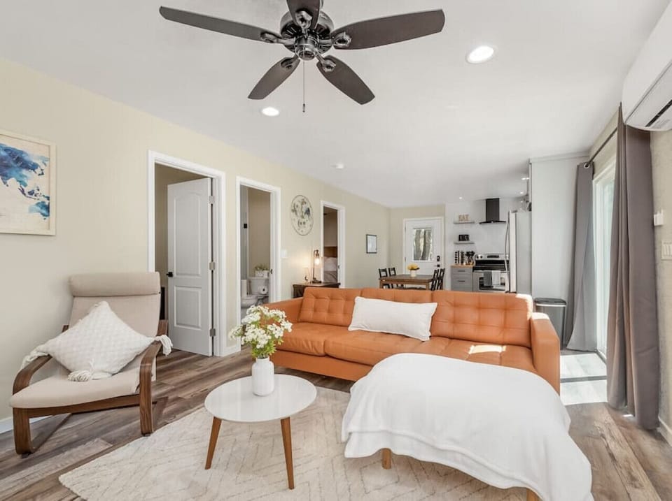 Cozy living room with 55" Smart TV, and Fire tv stick.