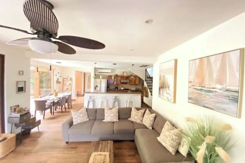 Open concept living space, comfy couch too!