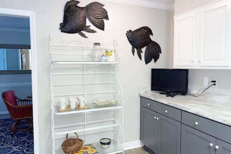 There is plenty of kitchen storage for your personal storage. Also enjoy TV!
