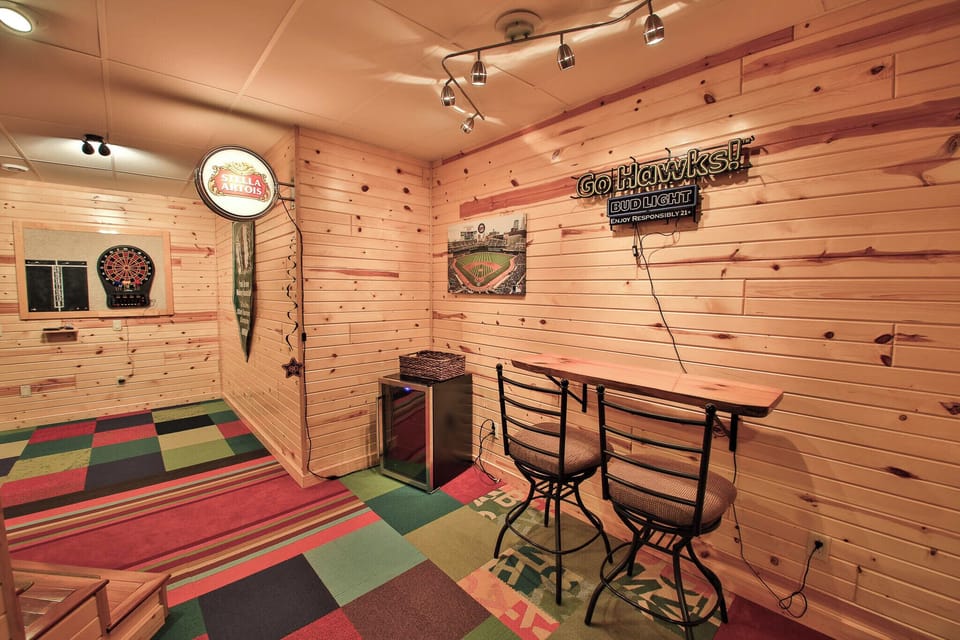 Basement rec room with dart board