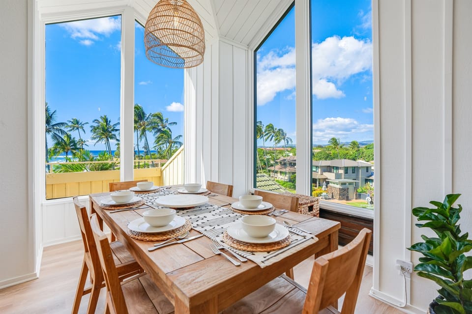 Gorgeous views of ocean, beach, and mountains from dining area