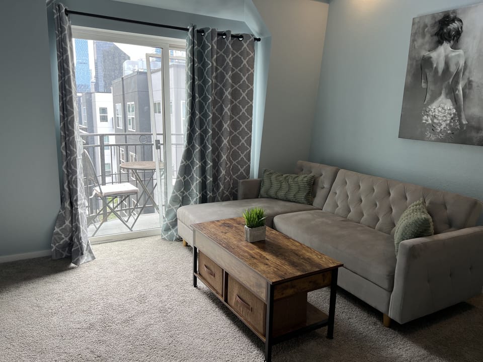 Couch in the living room, turns into bed if needed