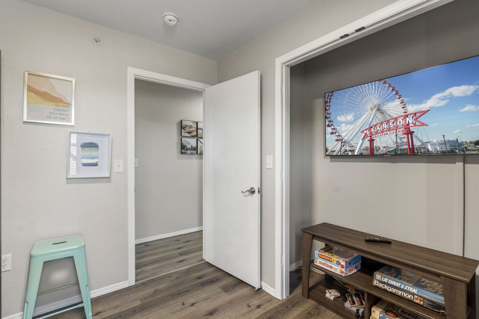 Kids room has a smart tv as well as old board games