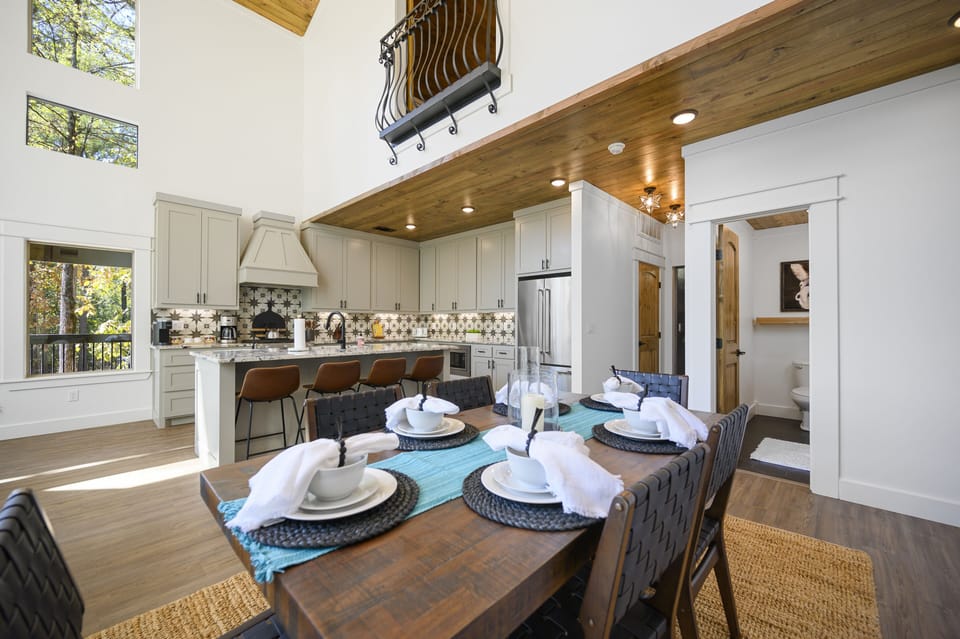 Large dining table perfect for family dinners, game nights, and celebrations.  Seating for 10