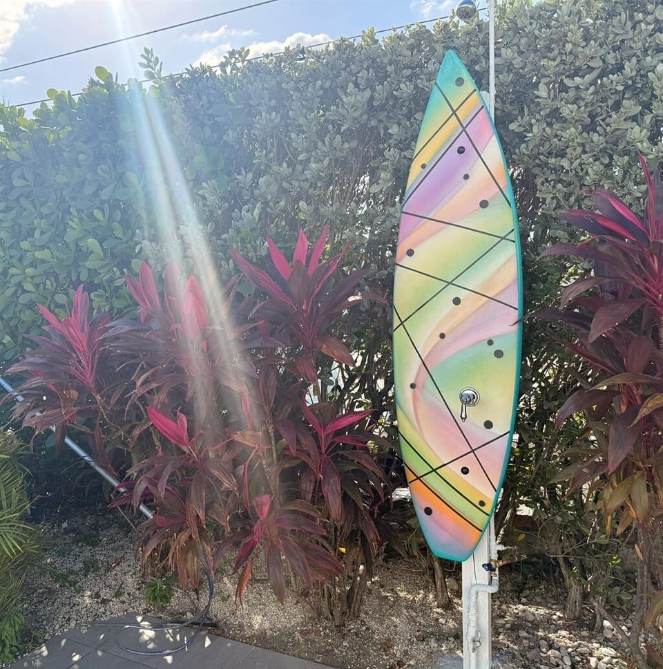 Our newly launched here-comes-the-sun outdoor surfboard mural! Inspired by George Harrison’s 1970 visit to The Shore Road Inn back (now Pier Walk on Deerfield Beach)