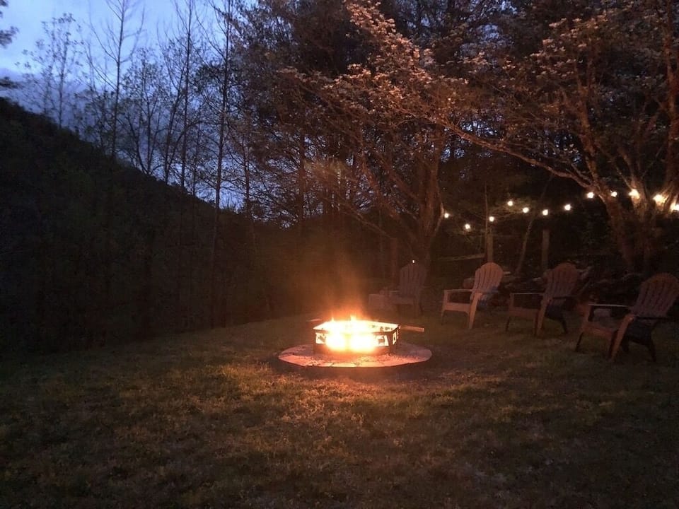Fire pit with solar lights . 
