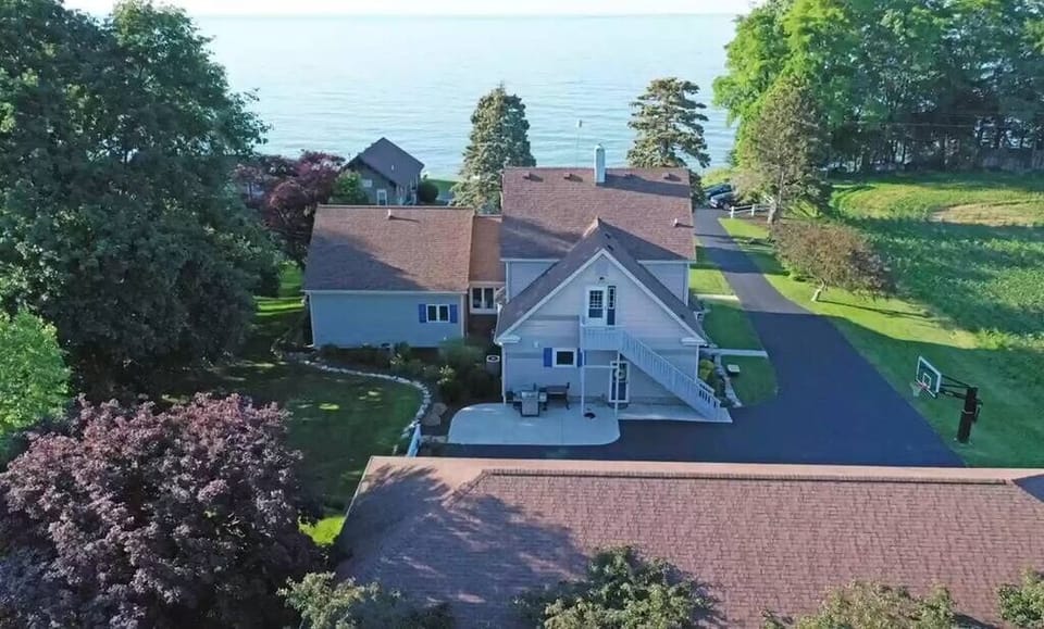Our home looking out at the lake from overhead.