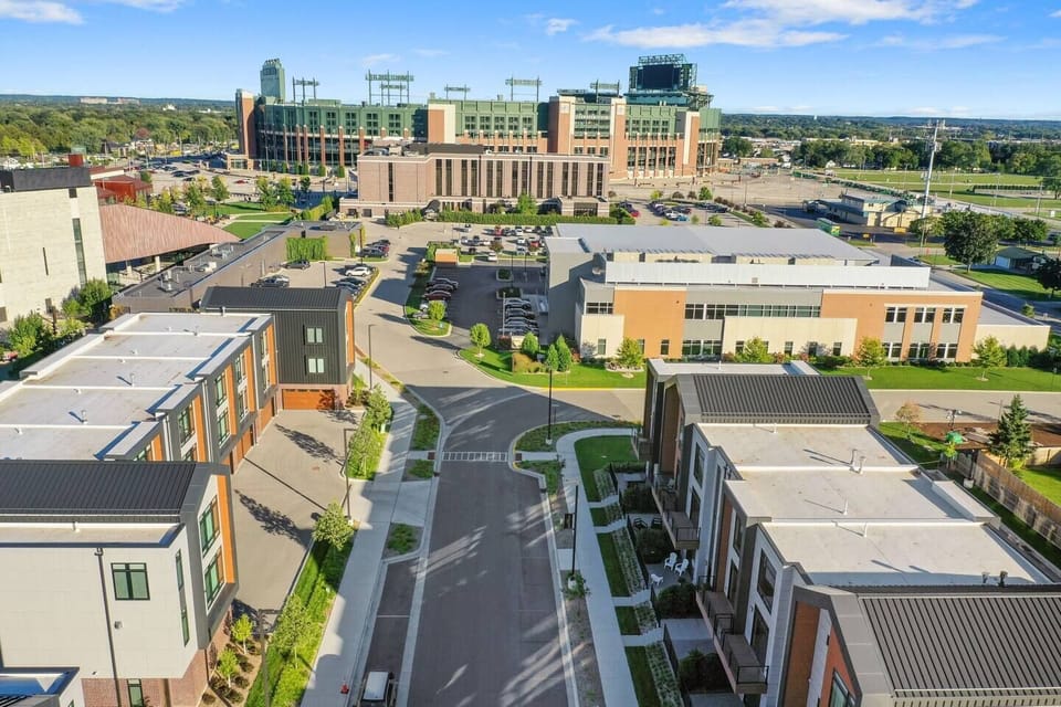 Aerial view of the townhome, which is an end unit on the end of the development nearest to Lambeau Field.