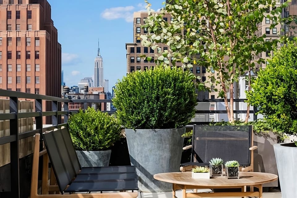 Sip coffee on the terrace with iconic skyline views.
