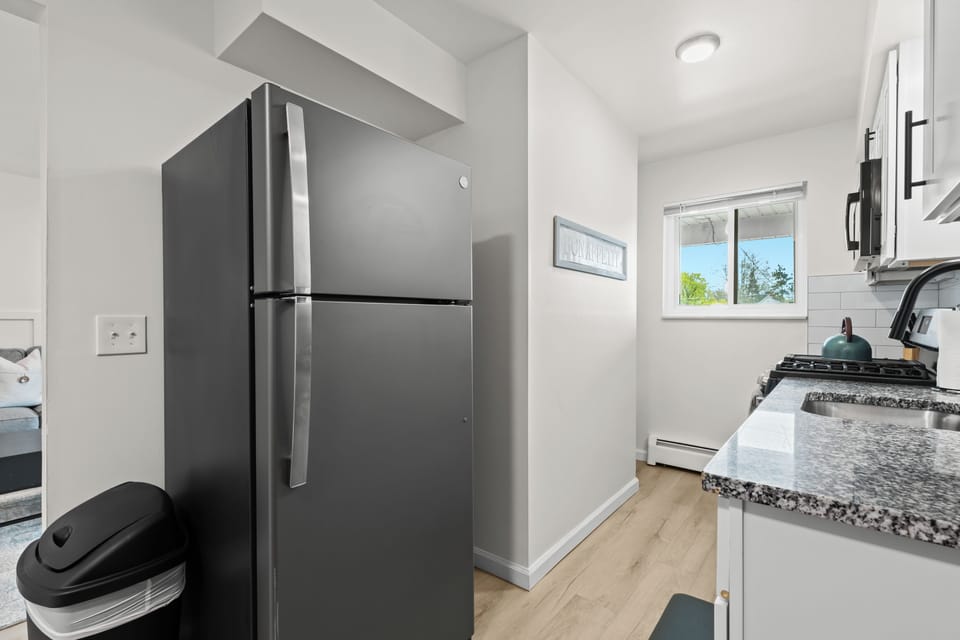 A sleek, modern galley kitchen features stainless steel appliances, white cabinetry, and granite countertops, with natural light streaming in through a window above the sink.