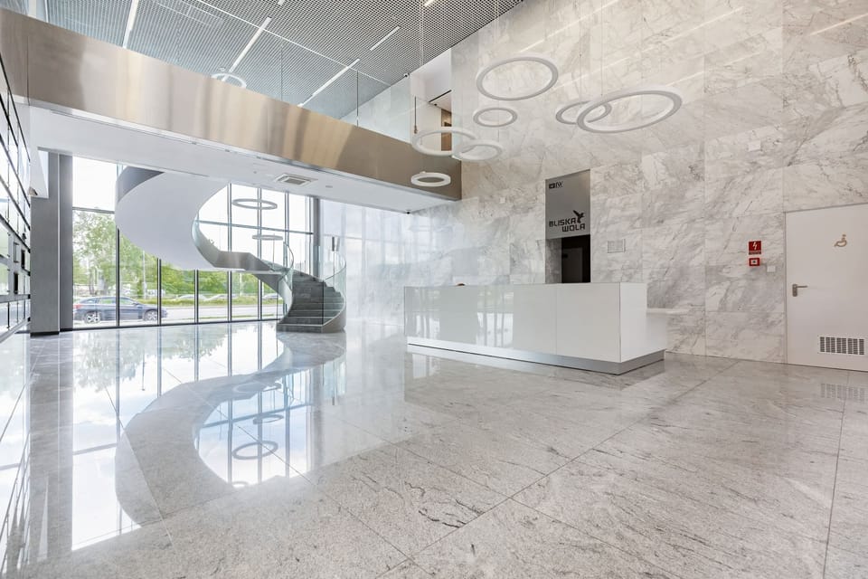 Modern reception at the building.