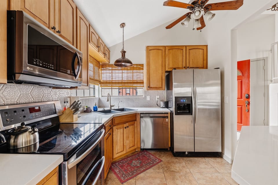 The completely updated and fully stocked kitchen is for your enjoyment.  Save money on eating out by cooking in!