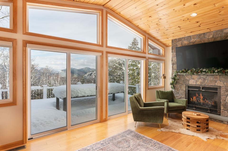 A wintery view of the White Mountains from the living room couch.