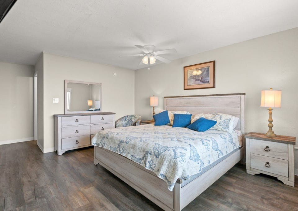 King suite with private bath — quiet comfort after ocean days.