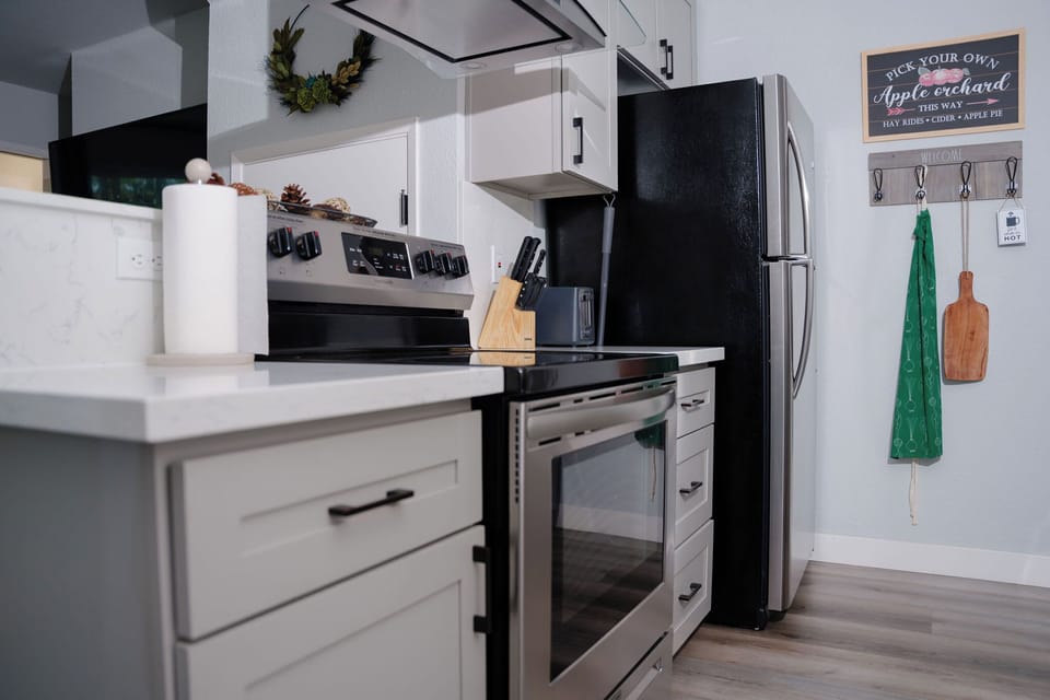 view from dining area into kitchen