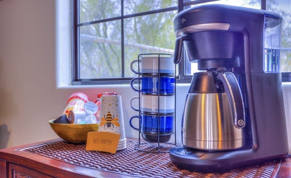 Coffee station, coffee maker dual drip coffee, k-pod, French press provided. 