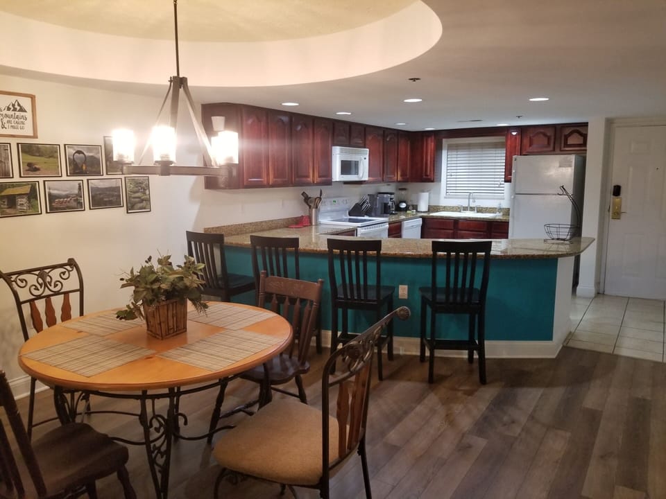 Counter seats four and table seats four
