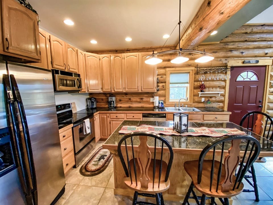 The spacious kitchen features ample counter space