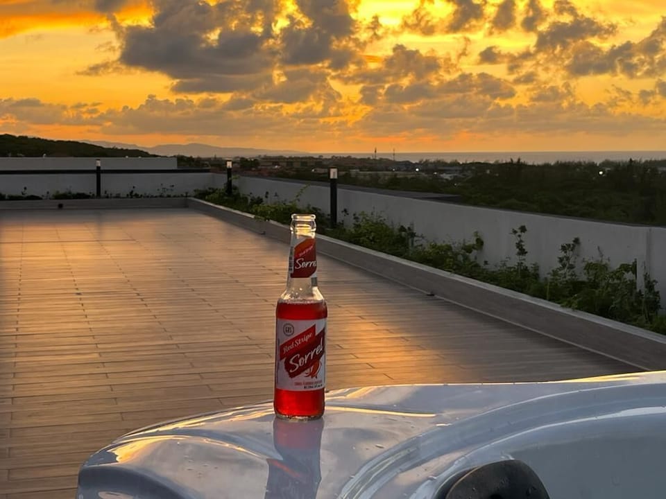 Enjoy the sunset by the jacuzzi while drinking a beer.