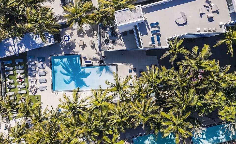 Admire the chic pool deck from a breathtaking aerial view.