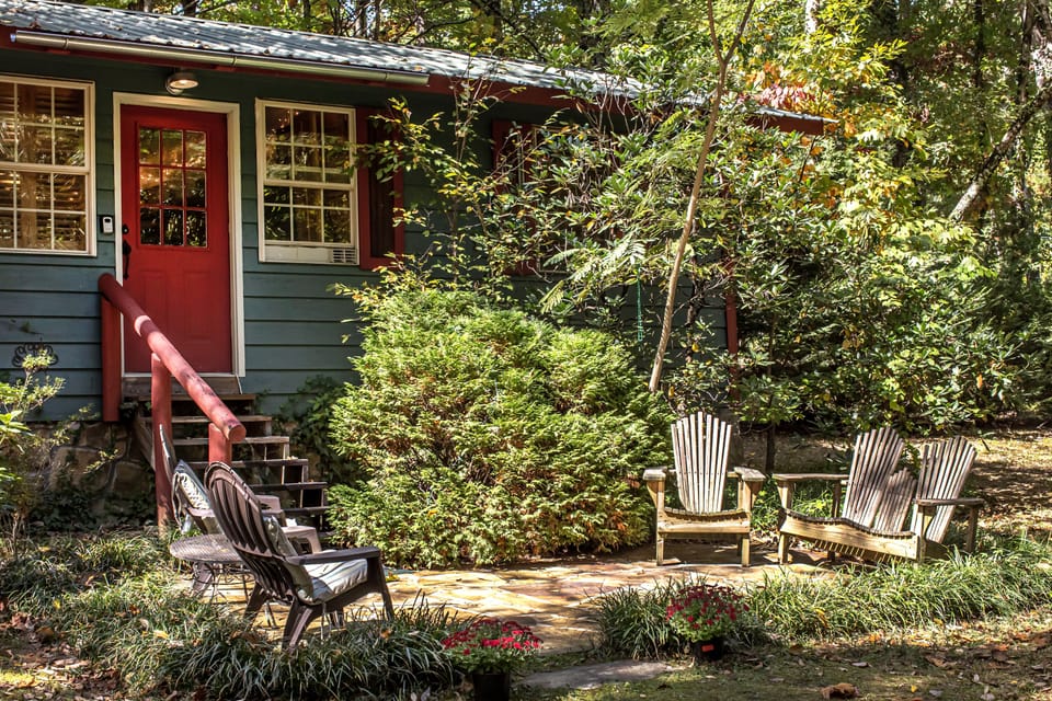 Rock patio entrance is a beautiful spot for coffee or wine