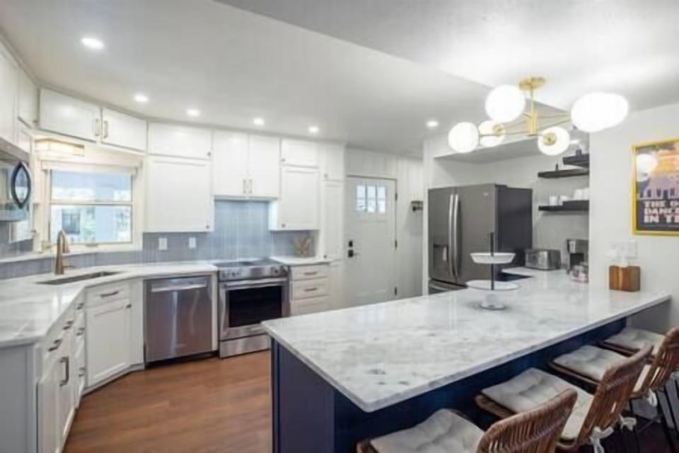 Marble countertops, Keurig Coffee, Ninja Blender and all the cooking utensils you need! 